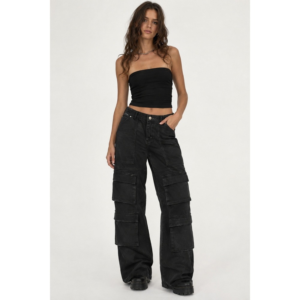 H:ours Cargo Pants Size L Black Denim Wide Leg Streetwear Multi Pocket Gorpcore